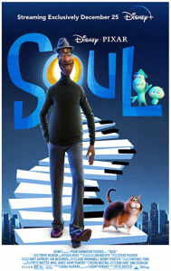 Movie poster for SOUL, man and cat walking down a fanciful staircase made of piano keys.