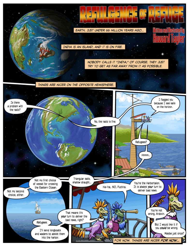 A work-in-progress page from a comic book. The narration and dialog tell the story of Earth 66 million years ago, and the feathered, raptor-oid dinosaurs who built a radio tower.