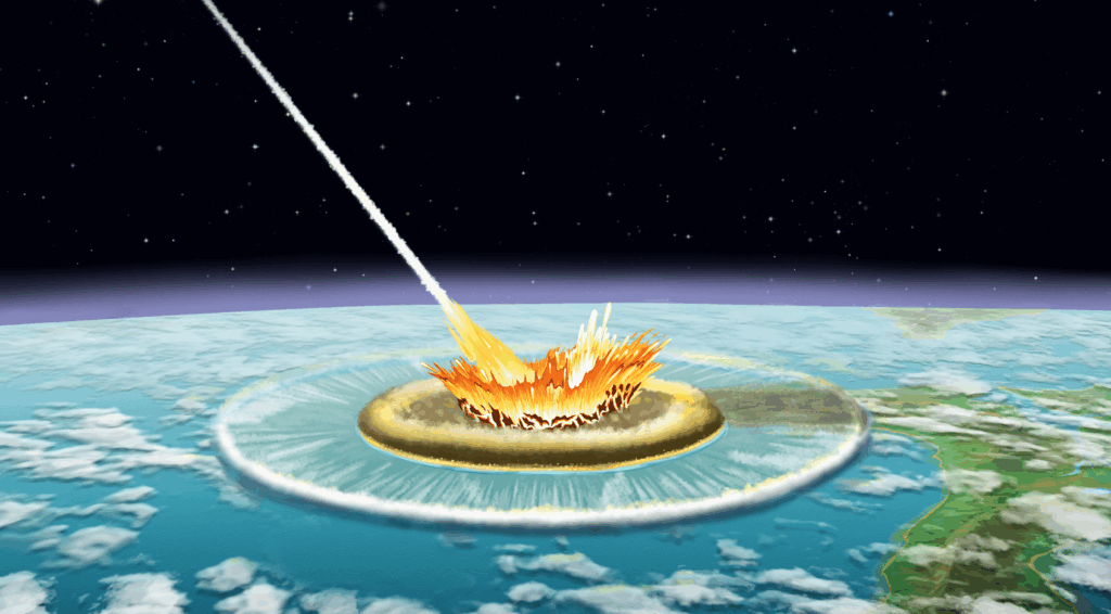 A comics-style illustration of the dinosaur-killing impact event, as seen from orbit. 