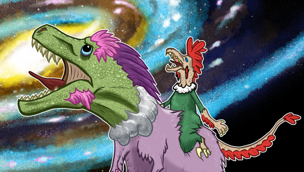 A feathered t. rex has a feathered raptor-oid on its back. They are both roaring at the sky, which is completely full of a barred spiral galaxy.